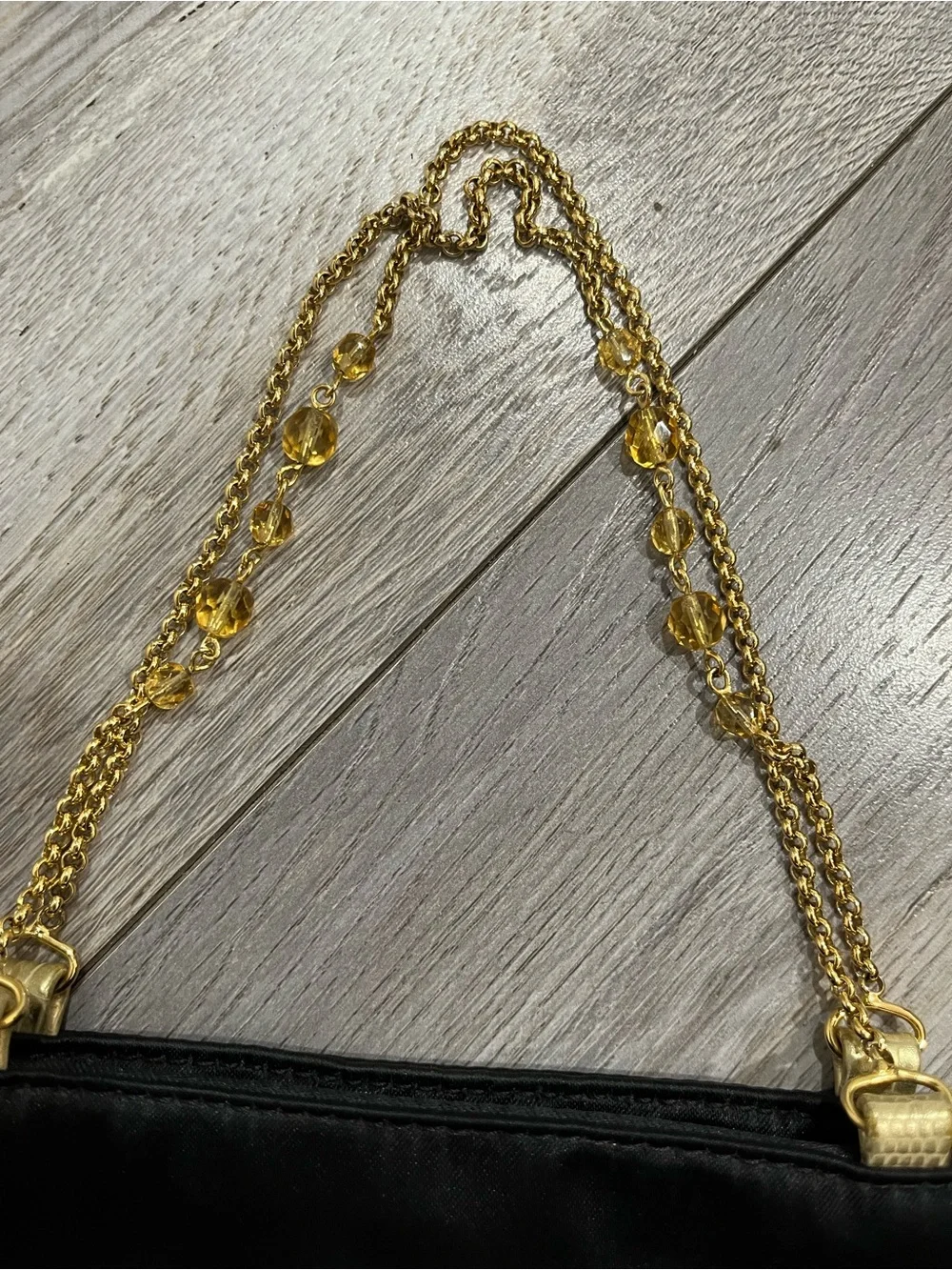 Black Satin Clutch with Beaded Gold Chain Strap by Coccinelle